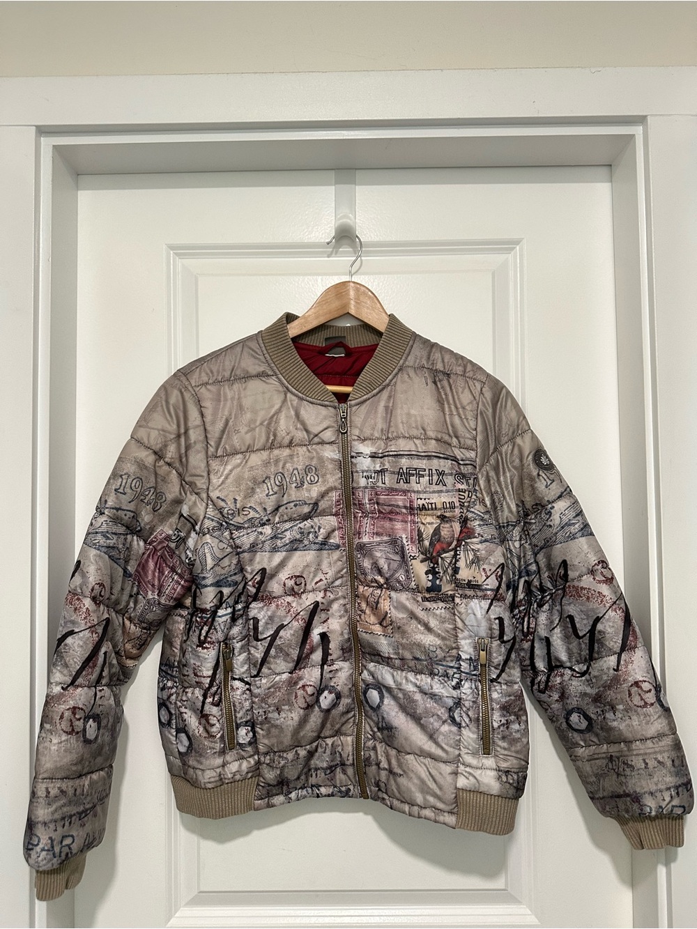 Simply Art By Dolcezza Graphic Artistic Quilted Puffer Bomber Jacket Women’s L